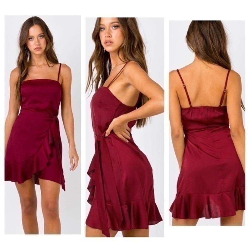 Princess Polly Aleutian Wine Faux Wrap Ruffle Dress ZZ15